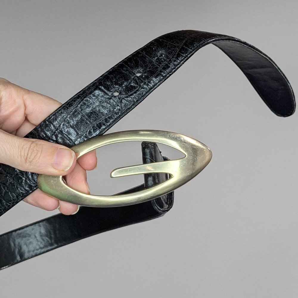 Karen Palmer Leather Croc Pattern Belt Black Silver Size Small